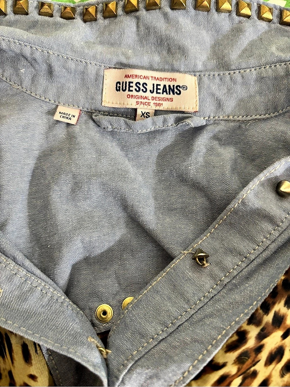 GUESS Jeans Leopard Print Studded Denim Blouse Size XS